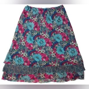 Kim Rogers Signature Blue & Magenta Floral Tiered Midi Skirt L
